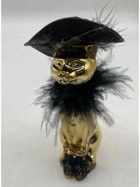 Fashion Diva Cat Ornament Gold Black Hat Feather Rhinestones Halloween Christmas
